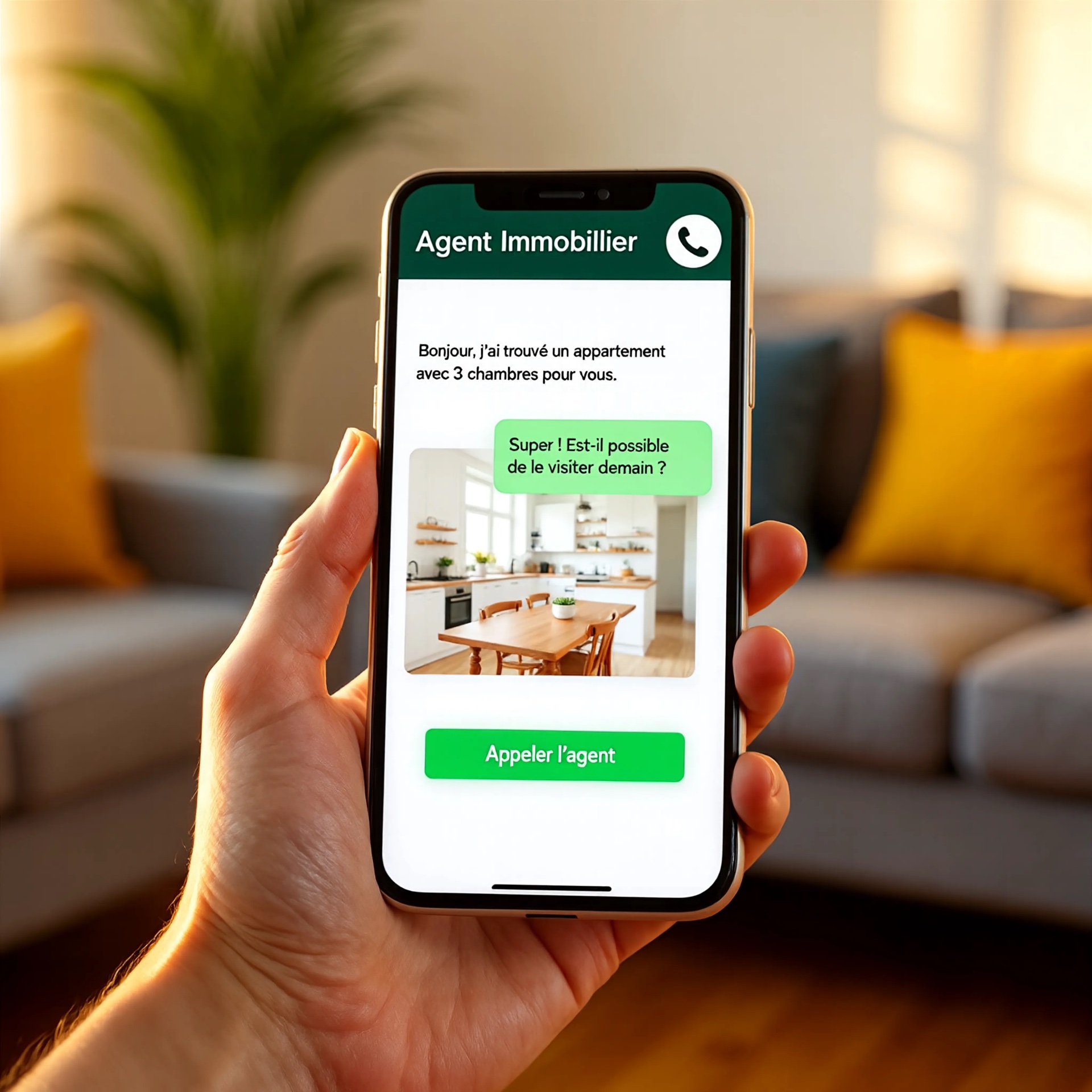 Smartphone avec conversation WhatsApp immobilier et bouton d'appel